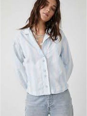 Free People Kelia Stripe Trapeze Button-Up Shirt in Crisp White Combo. Large